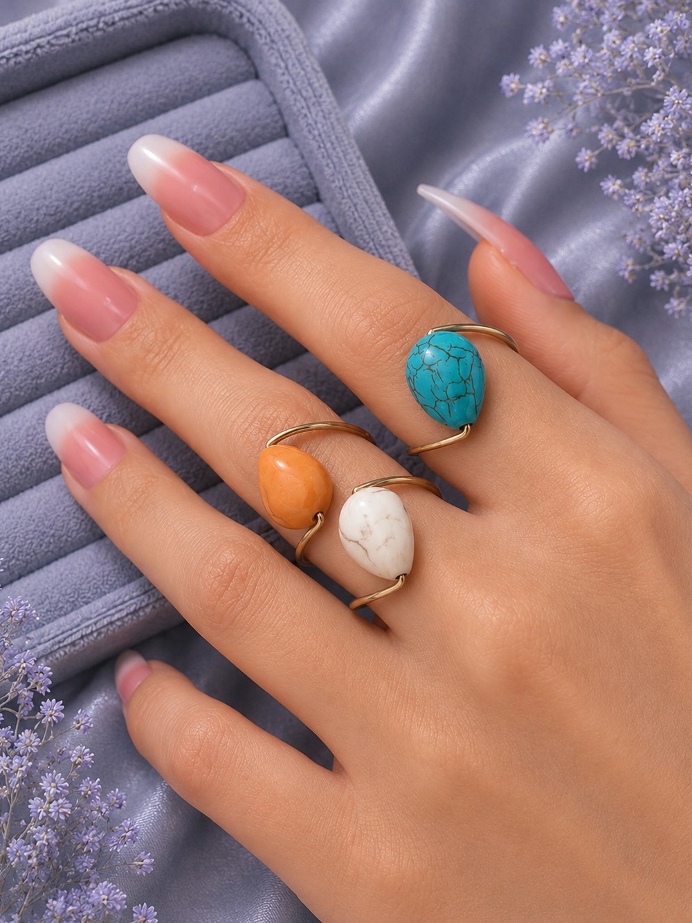 Beach Summer style Rings with Turquoise, Orange & White Stones - Picture 3 of 3